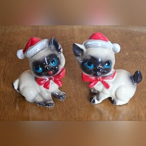 Vintage MCM Salt & Pepper Shakers Siamese Cats w Santa Hats by Kreiss Christmas